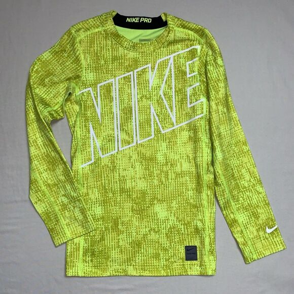 NIKE Neon Shirt Boy Large Compression Pro Dri-Fit Athlete Top Long Sleeve Yellow - Picture 1 of 9